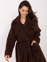 Dark brown long teddy coat with pockets.