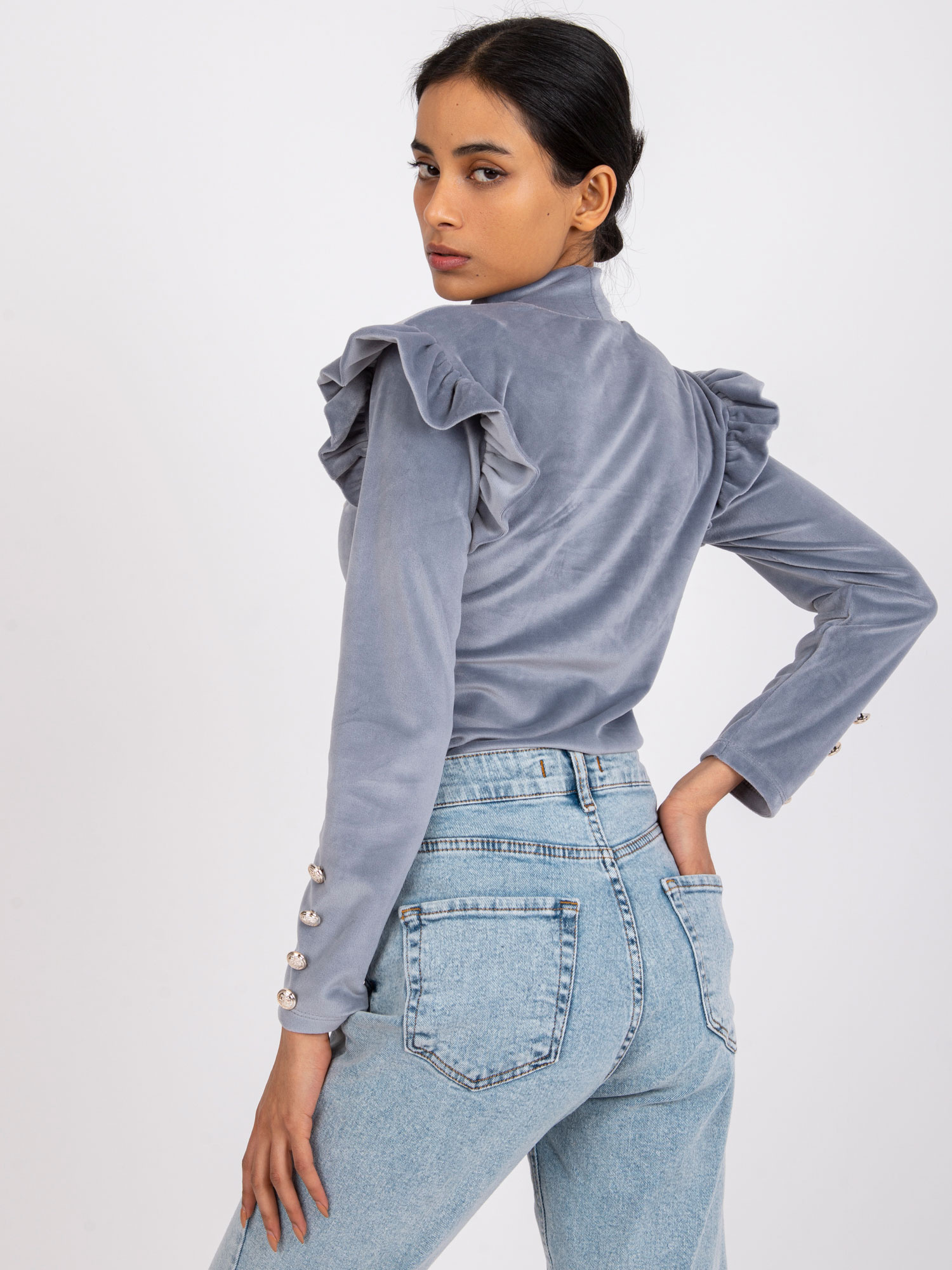 Gray Velour Long Sleeve Capri Blouse