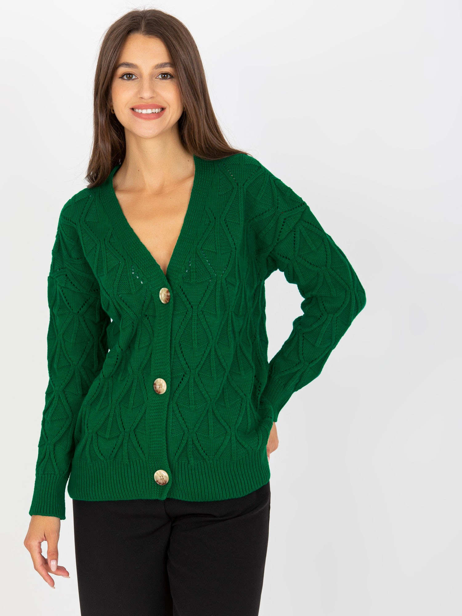 Hurt Ciemnozielony ażurowy sweter rozpinany z guzikami RUE PARIS