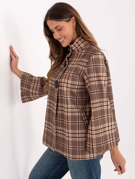 Jasnobeżowo-brązowy krótki płaszcz w kratę