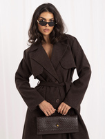 Brown double-breasted coat with a belt.