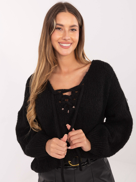 Czarny damski sweter oversize z domieszką wełny 