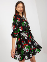 Hurt Czarna rozkloszowana sukienka w kwiaty z paskiem 