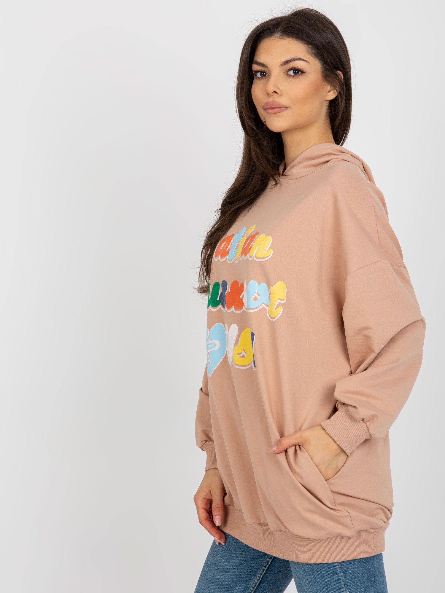 Hurt Camelowa oversize bluza z nadrukiem i kapturem