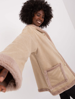 Hurtownia Beżowy krótki płaszcz zimowy z kapturem