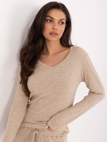 Beżowy damski sweter basic w prążek 