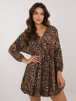 Hurt Beżowo-czarna rozkloszowana sukienka w panterkę