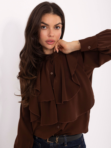 Brązowa rozpinana koszula z żabotem RUE PARIS 