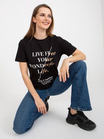 Hurt Czarny damski t-shirt z napisami i okrągłym dekoltem