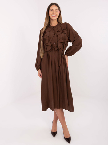 Brązowa elegancka sukienka z żabotem