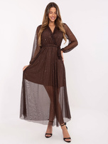 Brown maxi evening dress with appliqués.