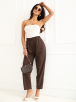 Czekoladowe sztruksowe spodnie z talią paper bag RUE PARIS  