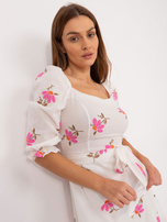 Hurt Ecru-różowa midi sukienka w kwiaty z paskiem 