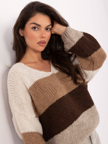 Ecru-brązowy damski sweter oversize RUE PARIS