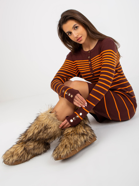 Hurt Ciemnobrązowa prążkowana sukienka dopasowana w paski