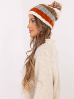 Hurt Ecru-pomarańczowa damska czapka w paski