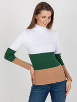 Hurtownia Biało-ciemnozielona bluzka basic z golfem w prążek