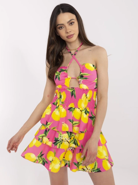 Różowo-żółta mini sukienka z elastycznym marszczeniem