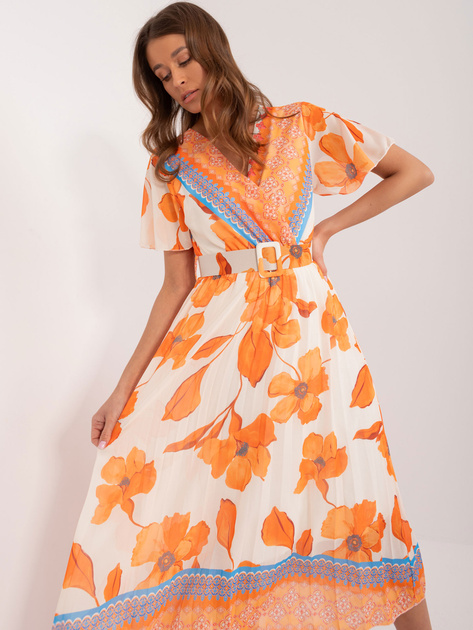 Hurt Pomarańczowo-beżowa wzorzysta sukienka z paskiem