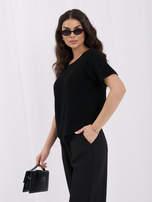 Black reversible sweater with a round neckline.