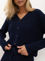 Navy sweater set with a cardigan.
