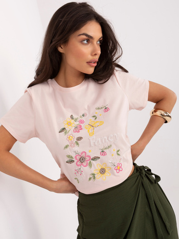 Jasnoróżowy damski t-shirt z kwiatowym haftem