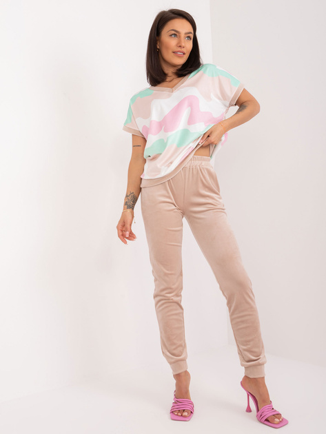 Hurt Beżowo-różowy komplet welurowy z bluzką RUE PARIS