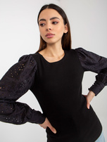 Hurt Czarna prążkowana bluzka wizytowa z ażurowymi rękawami OCH BELLA
