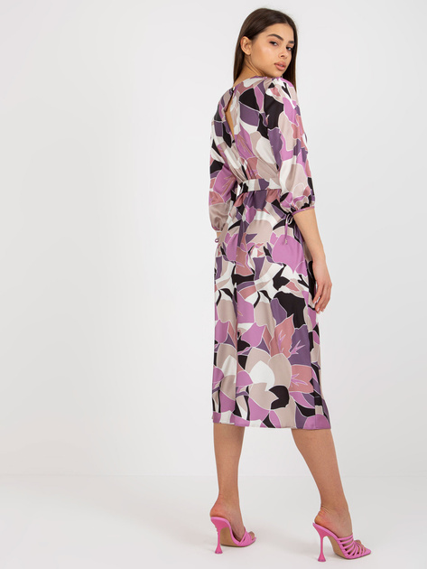 Hurt Fioletowa sukienka koktajlowa z printem i paskiem