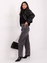 Dark gray long balloon jeans.