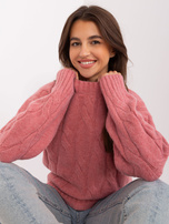 Hurt Różowy sweter z warkoczami i ściągaczami  