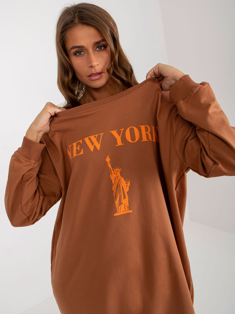 Hurt Jasnobrązowo-pomarańczowa długa bluza oversize z nadrukiem