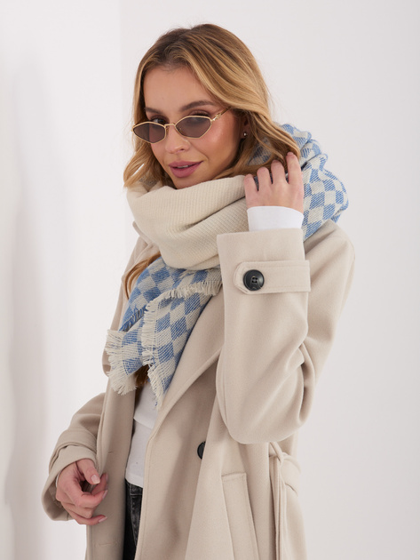 Ecru-niebieski damski szal z wełną