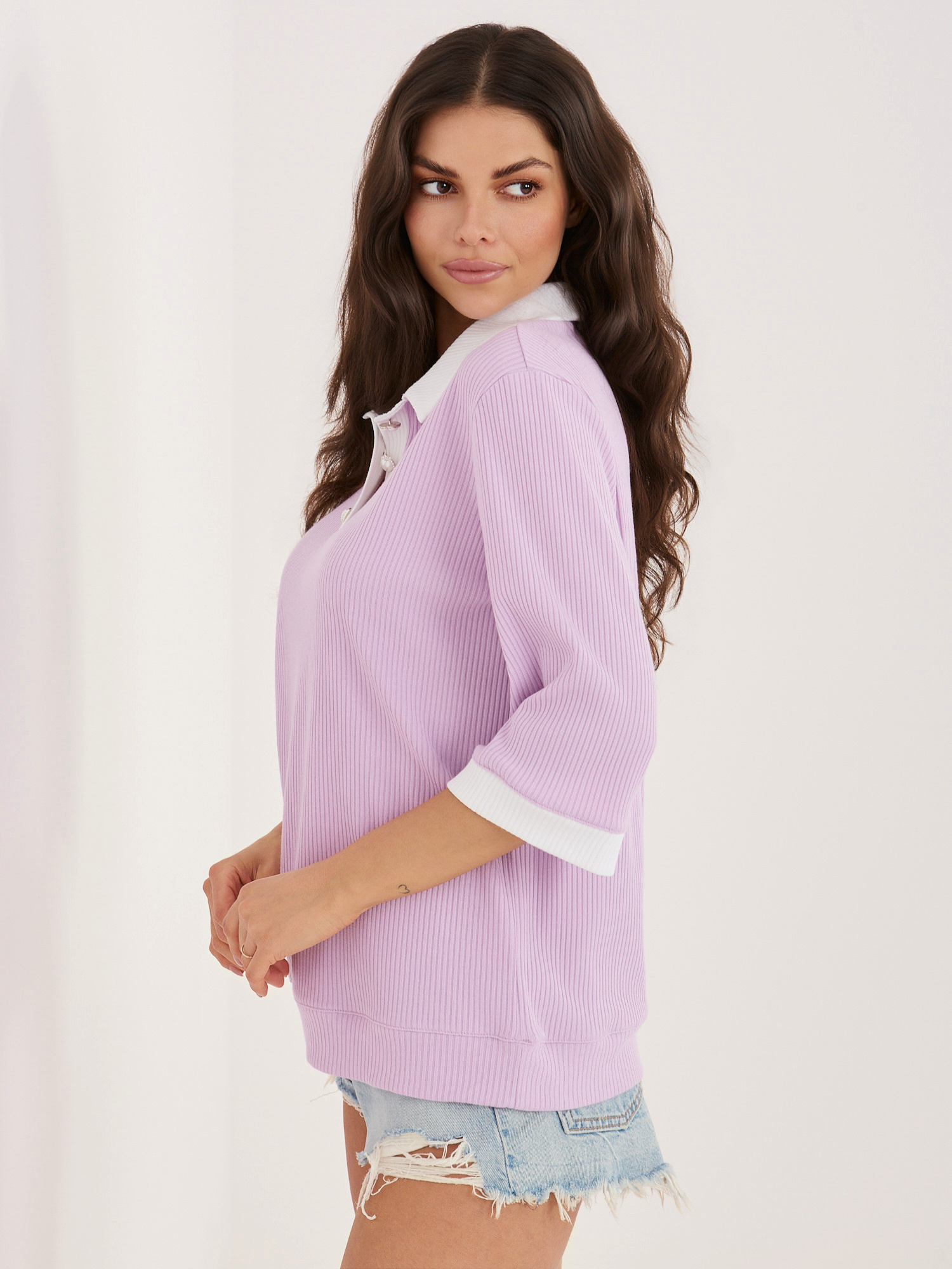 Liliowa prążkowana bluzka z rękawem 3/4