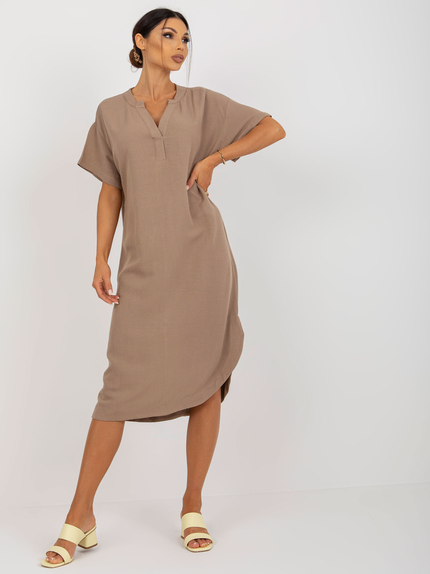 Hurt Dark Beige Simple Dress with V-Neck OCH BELLA