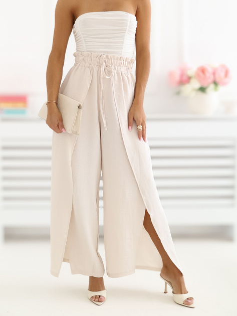 Jasnobeżowe letnie spodnie z talią paperbag
