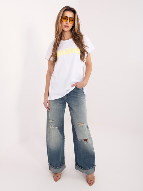 Biało-żółty damski t-shirt z kontrastowym napisem