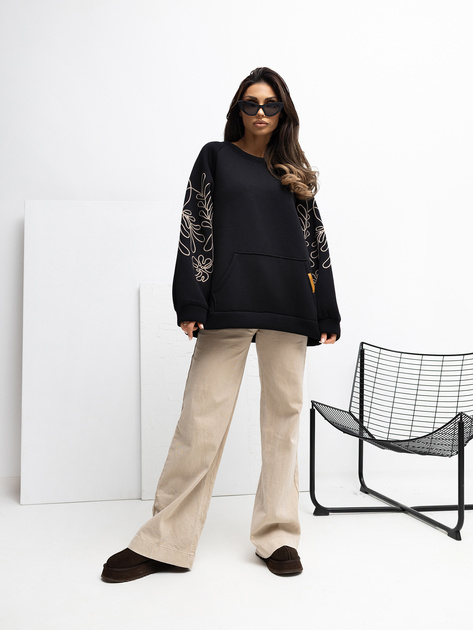 Czarna damska bluza kangurka z haftem RUE PARIS