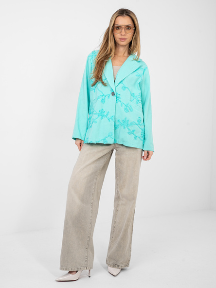 Turkusowa jeansowa marynarka z zapięciem na guzik RUE PARIS