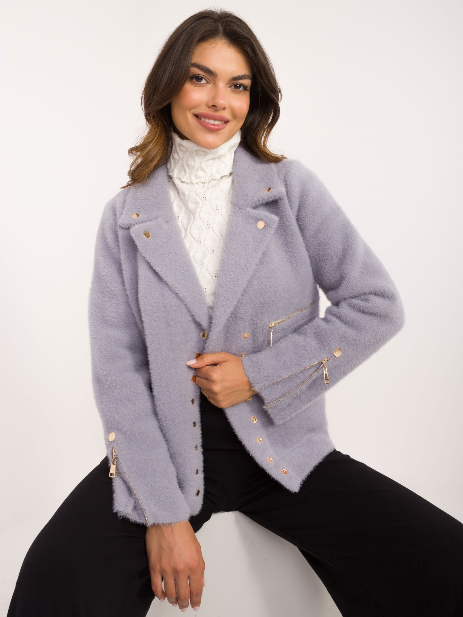 Hurt Light purple alpaca jacket with snap fastener.