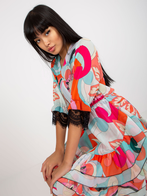 Hurt Pomarańczowo-różowa kopertowa sukienka z falbanami