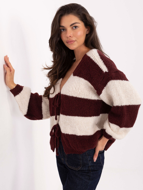 Ecru-burgundowy sweter oversize w paski RUE PARIS