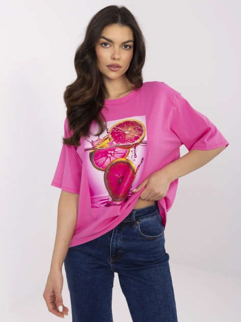 Ciemnoróżowy t-shirt oversize z motywem owoców