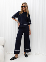 Navy knitted set with minimalist stripes.