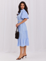 Light blue midi dress with puff sleeves.