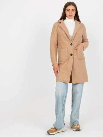 Hurt Beżowy pluszowy płaszcz z kieszeniami OCH BELLA