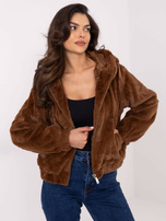 Hurt Brązowa pluszowa kurtka damska z kapturem