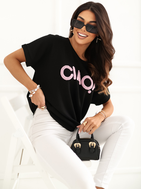 Czarna bluzka oversize z kontrastowym napisem RUE PARIS