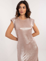 Beige cocktail dress with shoulder pads.