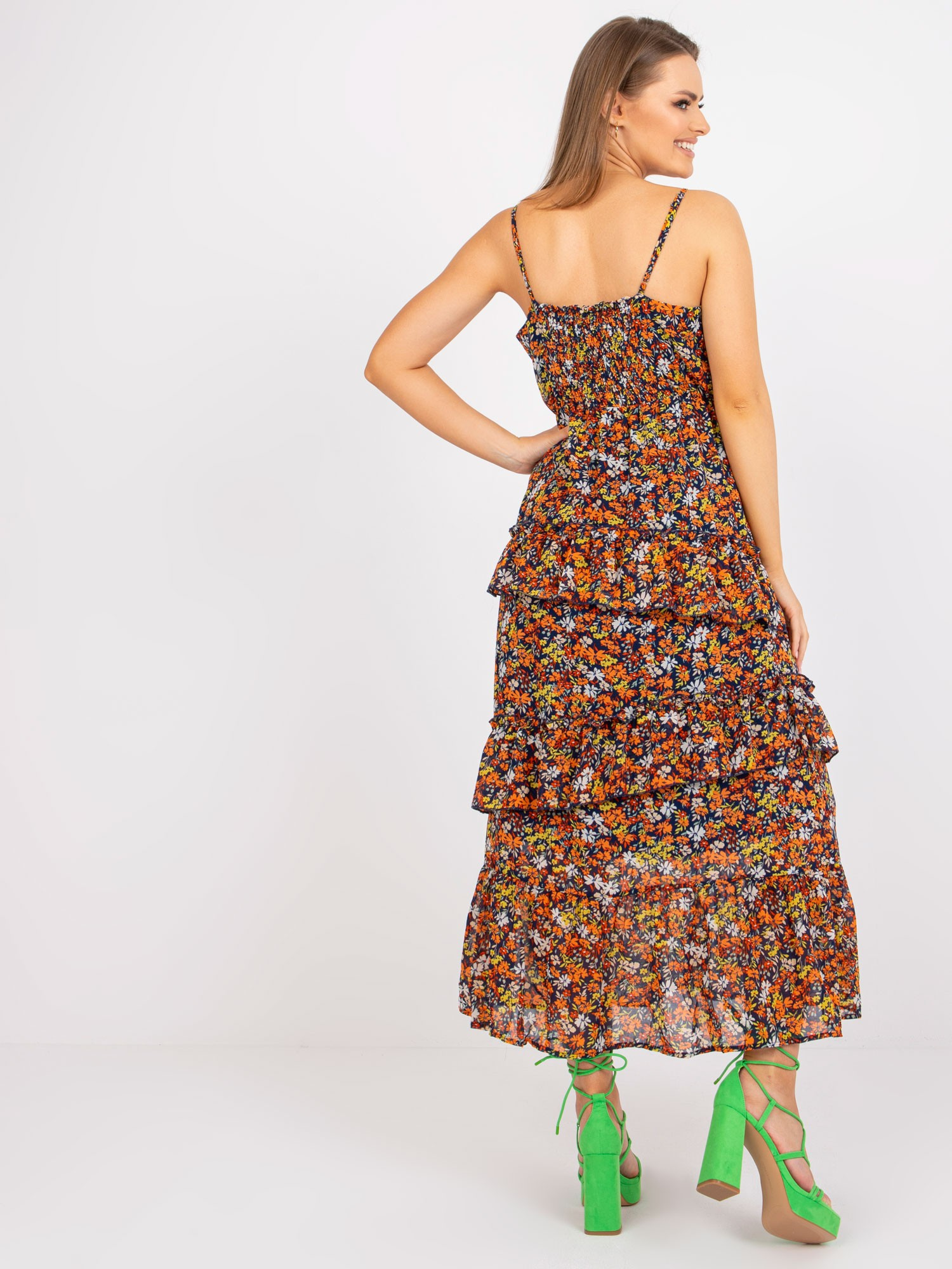Navy blue maxi dress with floral straps 